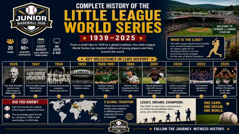 Little League World Series history infographic covering major milestones from 1939 to 2025, including tournament expansion, international growth, Howard J. Lamade Stadium, and key moments in LLWS history.