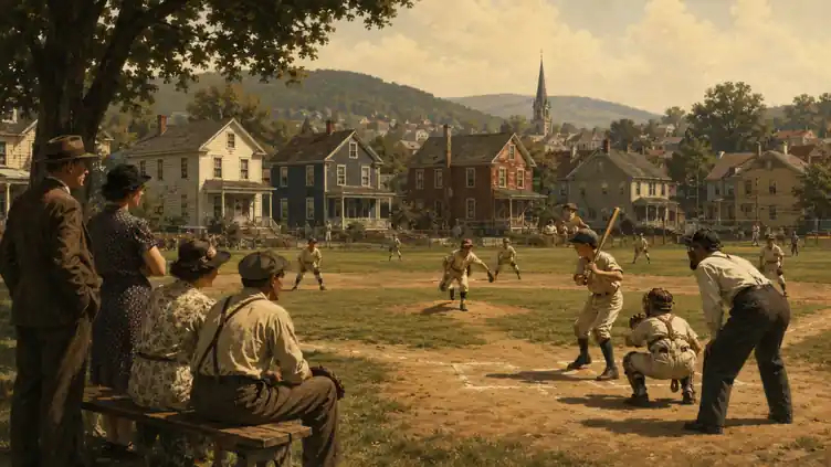 Vintage Little League baseball game in a small American town during the 1930s