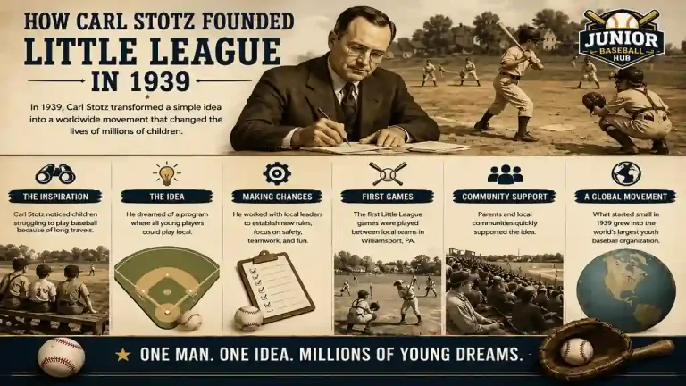 Vintage-style infographic illustrating how Carl Stotz founded Little League in 1939, highlighting the inspiration, first games, community support, and the growth of youth baseball into a global movement.