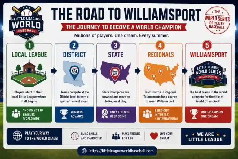 An infographic showing how teams qualify for the LLWS 2026 through local league, district, state, regional tournaments, and finally, Williamsport.