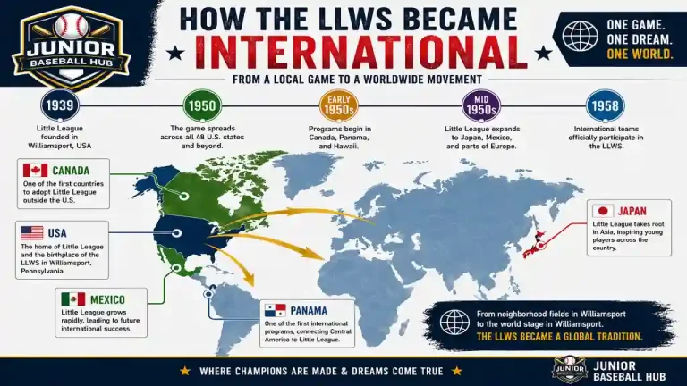 Infographic showing how the Little League World Series expanded internationally, highlighting the timeline from 1939 to 1958 and the growth of Little League across Canada, Mexico, Panama, Japan, and beyond. 