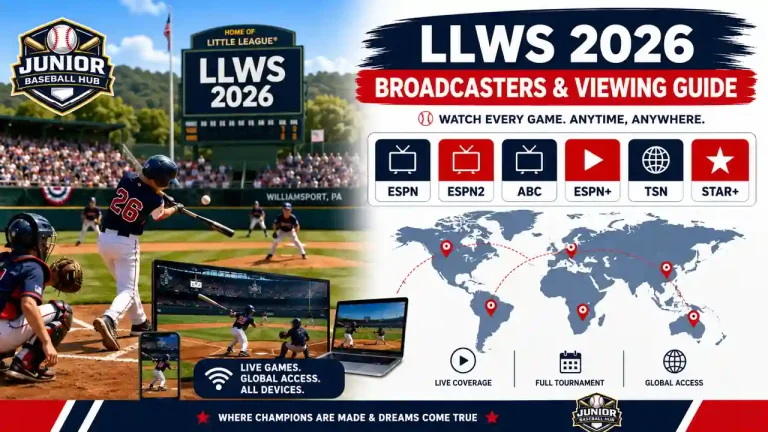 LLWS 2026 broadcasters and viewing guide infographic showing where to watch Little League World Series games worldwide on ESPN, ESPN2, ABC, ESPN+, TSN, and STAR+ across multiple devices.