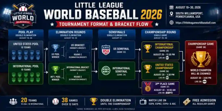 2026 Little League World Baseball tournament flow, including pool play, elimination rounds, semifinals, international championship, US championship, and final championship game bracket structure. 
