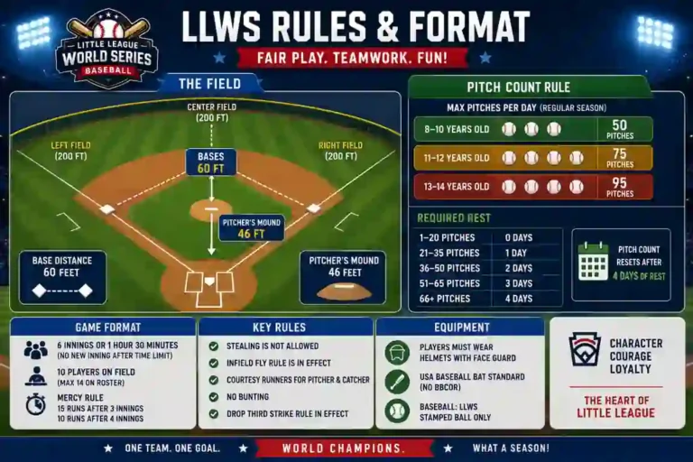 Little League World Series rules and format, including 60-foot base paths, a 46-foot pitching mound, pitch count limits, a baseball field diagram, and tournament gameplay rules. 