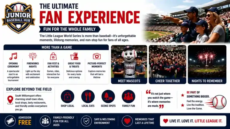 Little League World Series 2026 Location - Stadiums, Venues & Travel 3 Little League World Series ultimate fan experience infographic highlighting family-friendly attractions, opening ceremony, fireworks, mascots, local activities, food, entertainment, and memorable moments in South Williamsport, Pennsylvania.