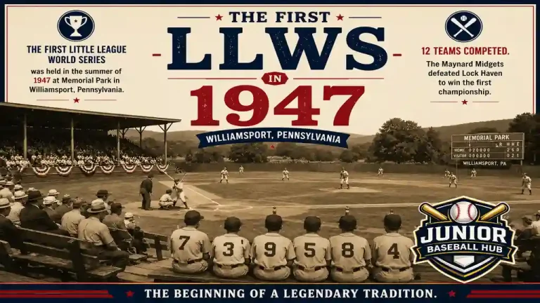 Vintage-style infographic showcasing the first Little League World Series held in 1947 at Memorial Park in Williamsport, Pennsylvania, highlighting the inaugural championship and the origins of the LLWS.