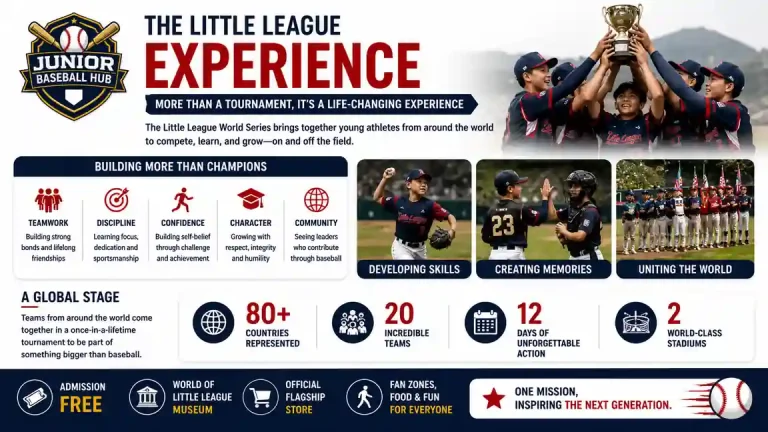 Little League World Series 2026 Location - Stadiums, Venues & Travel 4 Little League World Series experience infographic highlighting teamwork, character development, global participation, youth baseball values, tournament atmosphere, and fan attractions in South Williamsport, Pennsylvania.