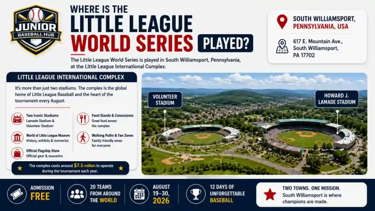 Little League World Series 2026 Location - Stadiums, Venues & Travel 2 Infographic showing where the Little League World Series is played, featuring the Little League International Complex, Howard J. Lamade Stadium, Volunteer Stadium, and South Williamsport, Pennsylvania.