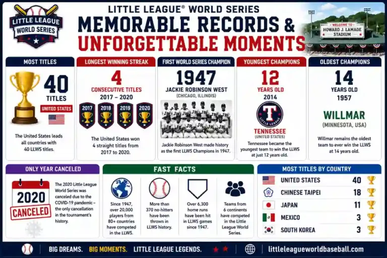 Infographic showing memorable Little League World Series records including most titles, longest winning streak, first champion, youngest champions, and the only canceled year in LLWS history. 