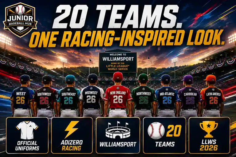 20 Teams One Racing Inspired Look feature image showcasing the 2026 LLWS Uniforms and adidas ADIZERO Racing design for all Little League World Series regions
