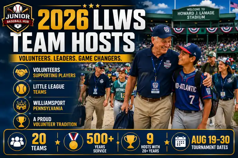 2026 LLWS Team Hosts graphic showing volunteers supporting Little League teams in Williamsport with over 500 years of combined service