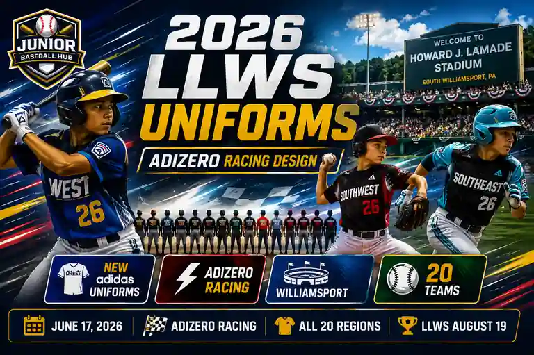 2026 LLWS Uniforms featuring the adidas ADIZERO Racing design for all 20 Little League World Series regions competing in Williamsport