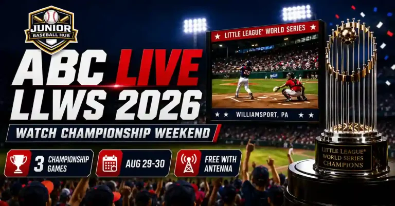 ABC Live LLWS 2026 championship weekend graphic with Junior Baseball Hub logo, trophy, game dates and free antenna broadcast details
