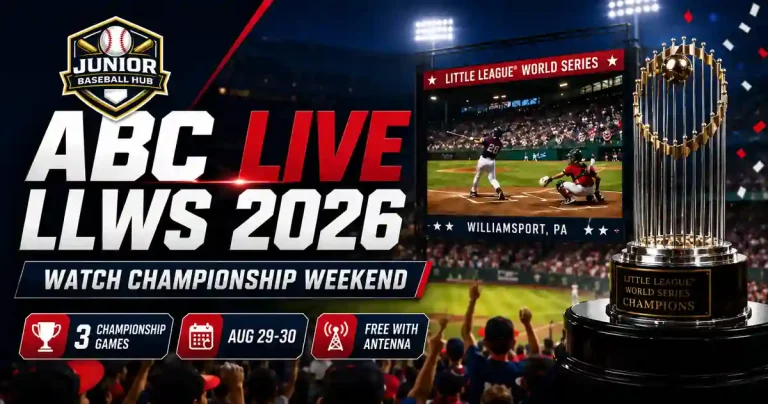 ABC Live LLWS 2026 championship weekend graphic with Junior Baseball Hub logo, trophy, game dates and broadcast details