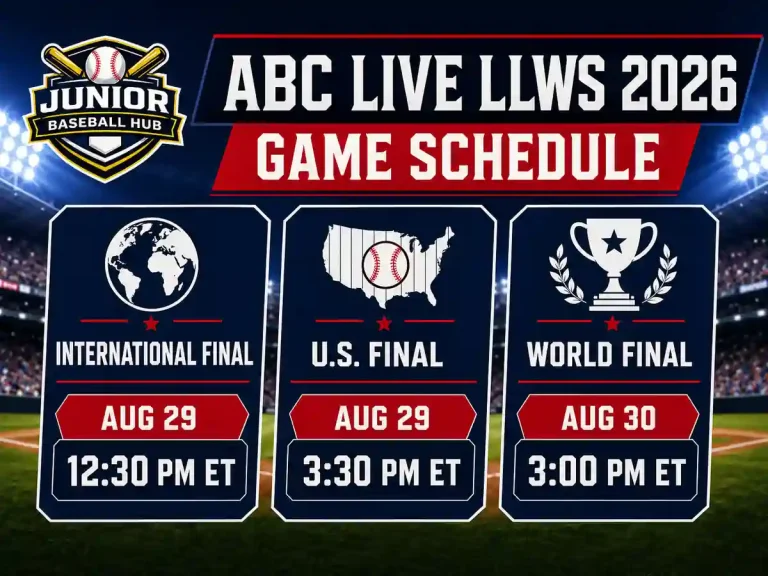ABC Live LLWS 2026 game schedule graphic showing international final, U.S. final, world final dates