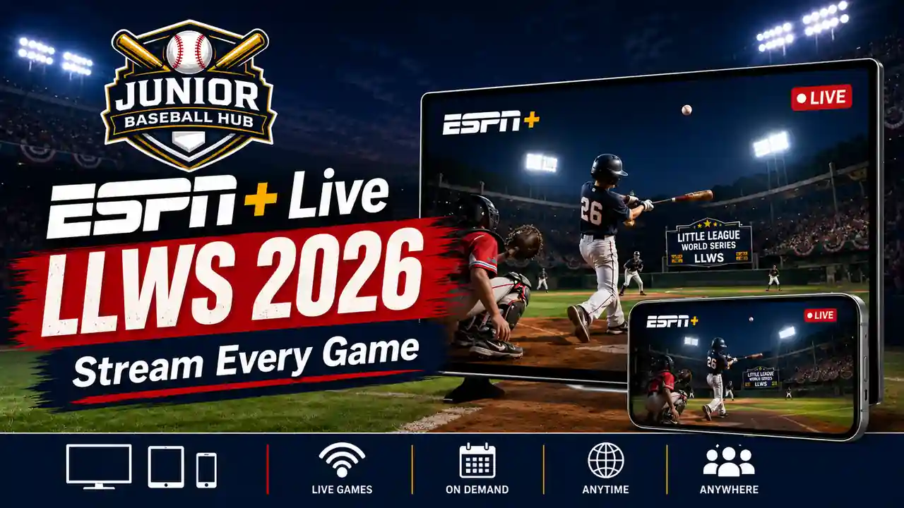 Promotional graphic for streaming the 2026 Little League World Series live on ESPN+, featuring live baseball action across TV and mobile devices