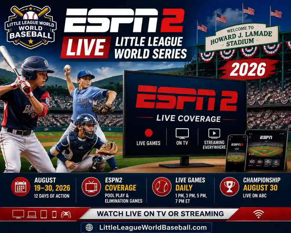 ESPN2 Live Little League World Series 2026: How to Watch Every Game 1 ESPN2 Live Little League World Series 2026 infographic showing Lamade Stadium live coverage schedule streaming options and championship broadcast information