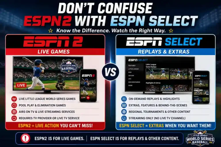 ESPN2 Live Little League World Series 2026: How to Watch Every Game 4 ESPN2 vs ESPN Select comparison infographic explaining live Little League World Series games versus replays highlights and extra streaming content