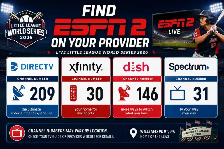 ESPN2 Live Little League World Series 2026: How to Watch Every Game 3 ESPN2 channel number guide infographic showing DirecTV Xfinity Dish and Spectrum provider information for watching Little League World Series 2026