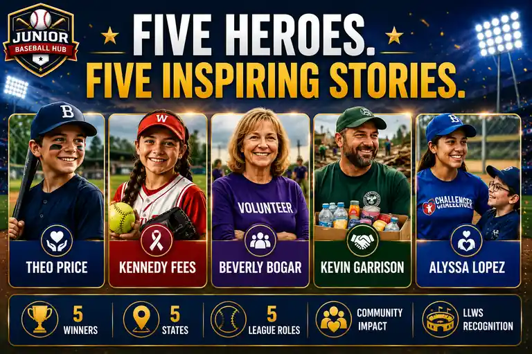 Five Heroes Five Inspiring Stories graphic featuring the 2026 Community Heroes of the Year winners and their impact on youth baseball communities
