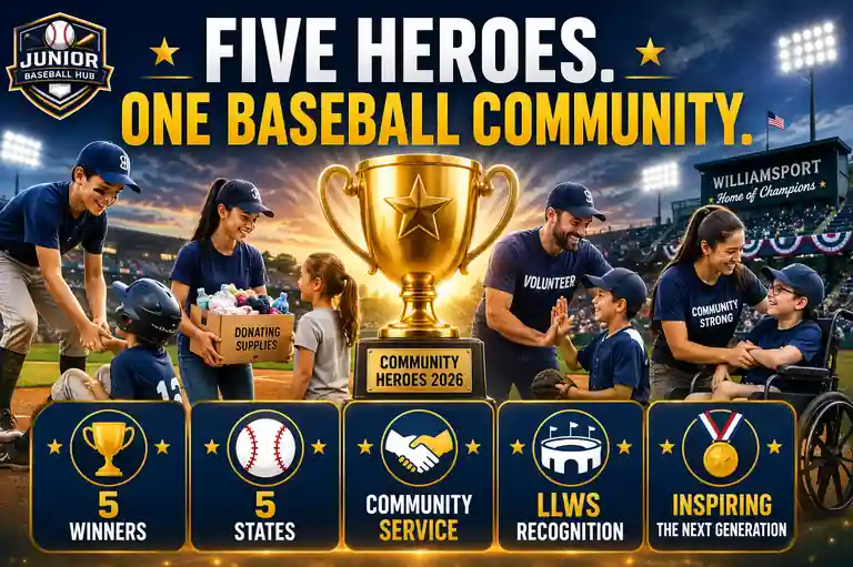 Five Heroes One Baseball Community feature image highlighting the 2026 Community Heroes of the Year, community service, youth baseball and LLWS recognition