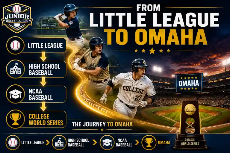 From Little League to Omaha infographic showing the pathway from Little League to High School Baseball, NCAA Baseball and the 2026 College World Series in Omaha