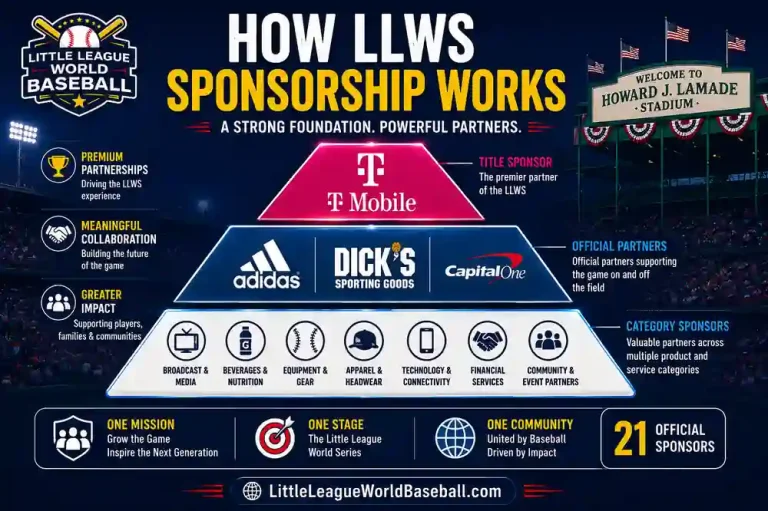 LLWS 2026 Sponsors: Every Official Partner and What They Do at LLWS 25 LLWS 2026 sponsorship structure infographic showing T Mobile as title sponsor adidas DICKS Sporting Goods and Capital One as official partners with category sponsors at the foundation