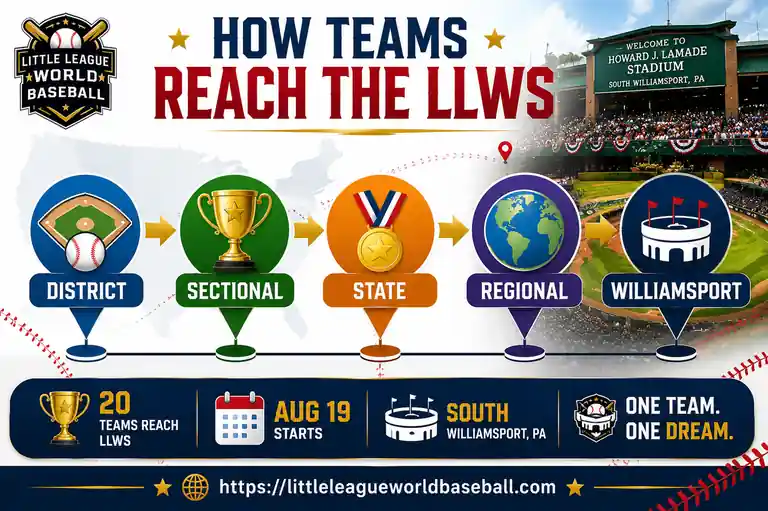 How Teams Reach the LLWS infographic showing the Little League path from District to Sectional, State, Regional and Williamsport