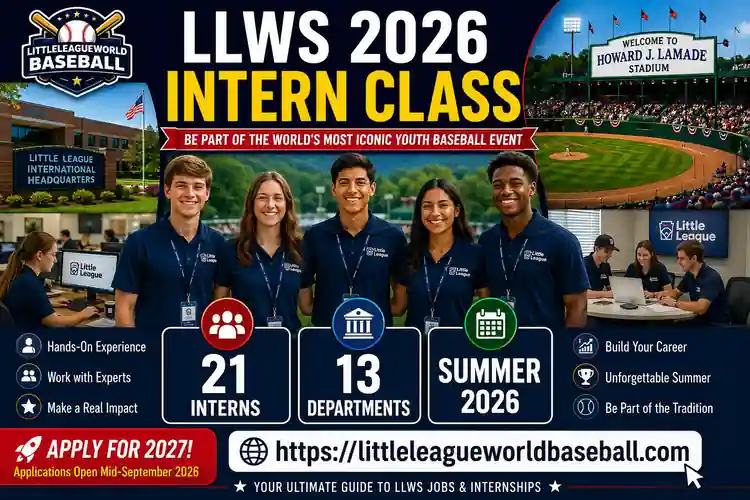 LLWS 2026 Interns: Full List, Departments & Career Opportunities 6 LLWS 2026 intern class infographic featuring 21 interns across 13 departments at Little League International headquarters in South Williamsport Pennsylvania