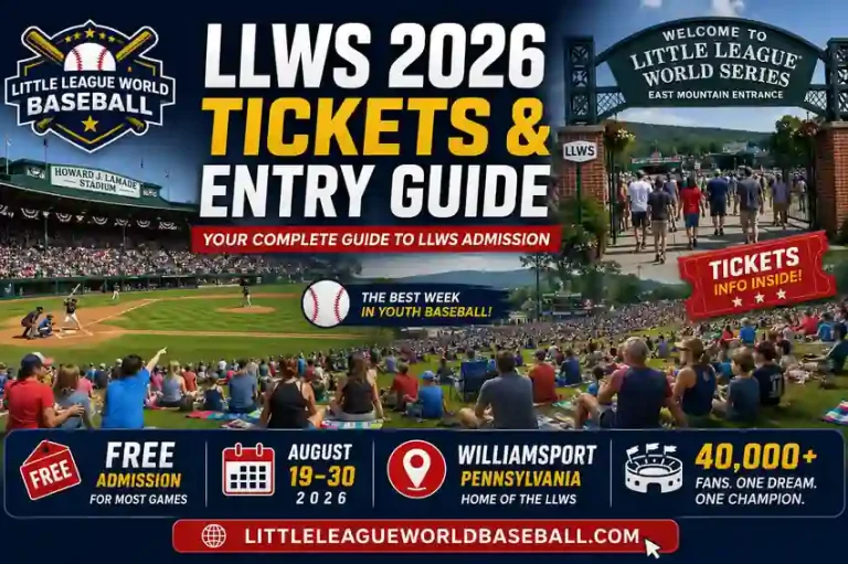 Little League World Series 2026 Tickets: Free Admission & Entry Guide 6 LLWS 2026 tickets and entry guide infographic showing free admission Howard J Lamade Stadium East Mountain entrance Williamsport Pennsylvania and fan seating information