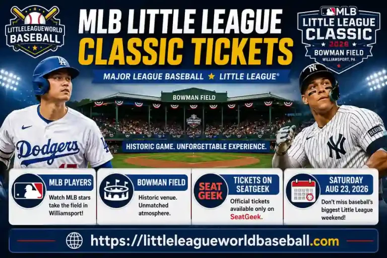 MLB Little League Classic 2026 tickets infographic featuring MLB players Bowman Field SeatGeek ticket information and August 23 game details