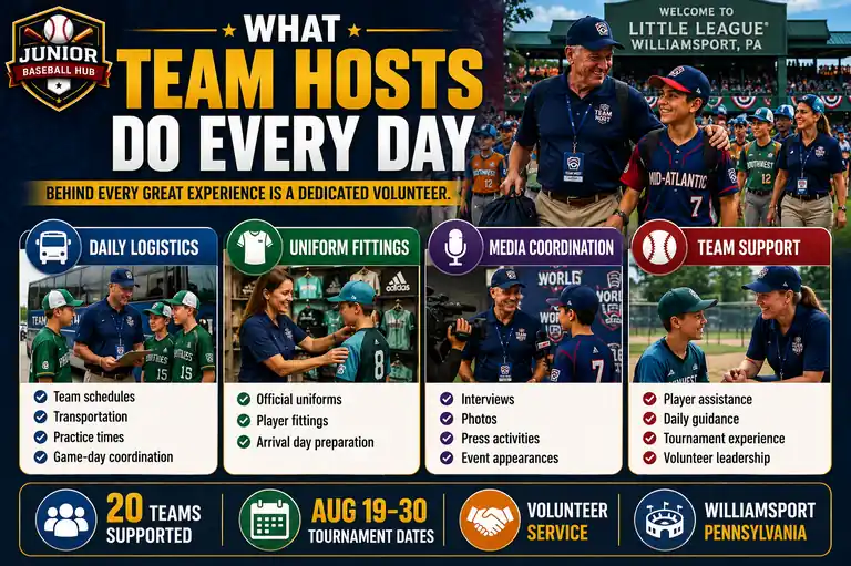 What Team Hosts Do Every Day infographic showing daily logistics, uniform fittings, media coordination and team support at the Little League World Series