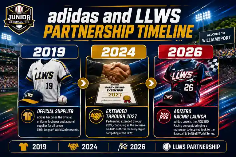 adidas and LLWS partnership timeline showing 2019 official supplier agreement, 2024 extension through 2027, and the 2026 ADIZERO Racing uniform launch