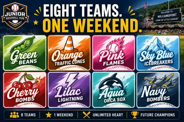 Eight Teams One Weekend graphic showing Green Beans, Orange Traffic Cones, Pink Flames, Sky Blue Icebreakers, Cherry Bombs, Lilac Lightning, Aqua Orca Sox and Navy Bombers at the 2026 Maria Pepe Legacy Series