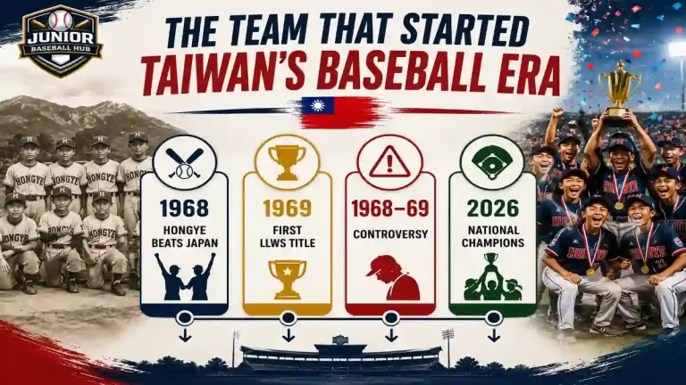 Timeline showing Hongye Elementary's role in Taiwan baseball history from 1968 to 2026.