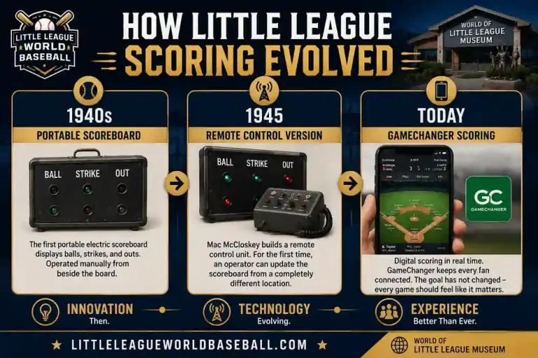 World of Little League Museum From the Vault: June 2026 3 How Little League scoring evolved timeline showing the 1940s portable scoreboard, Mac McCloskey remote control scoreboard in 1945 and modern GameChanger digital scoring