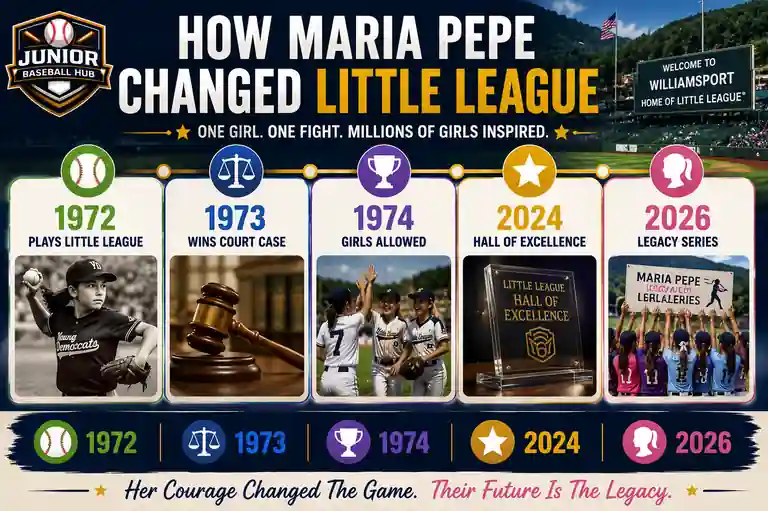 How Maria Pepe changed Little League timeline showing key milestones from 1972 through the 2026 Maria Pepe Legacy Series