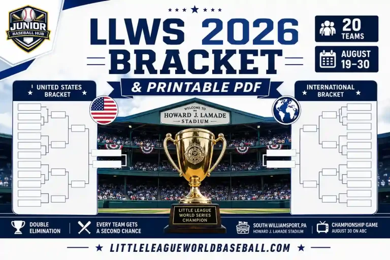 LLWS 2026 Bracket and Printable PDF showing United States and International tournament paths to the Little League World Series championship.