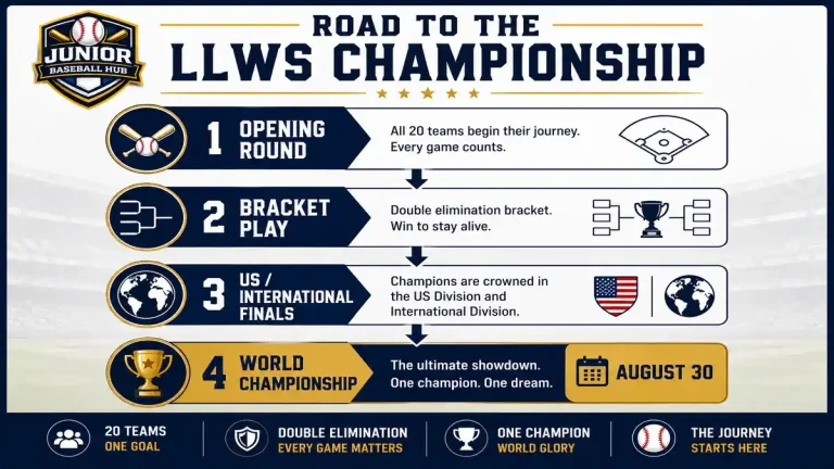 LLWS 2026 championship path infographic showing Opening Round, Bracket Play, U.S. and International Finals, and the World Championship on August 30.