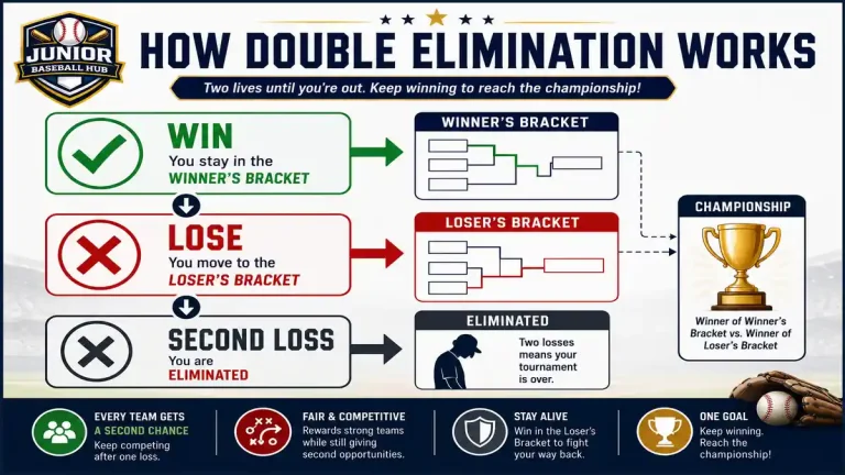 Infographic explaining the LLWS double-elimination format, showing how teams advance through winner and loser brackets before reaching the championship.