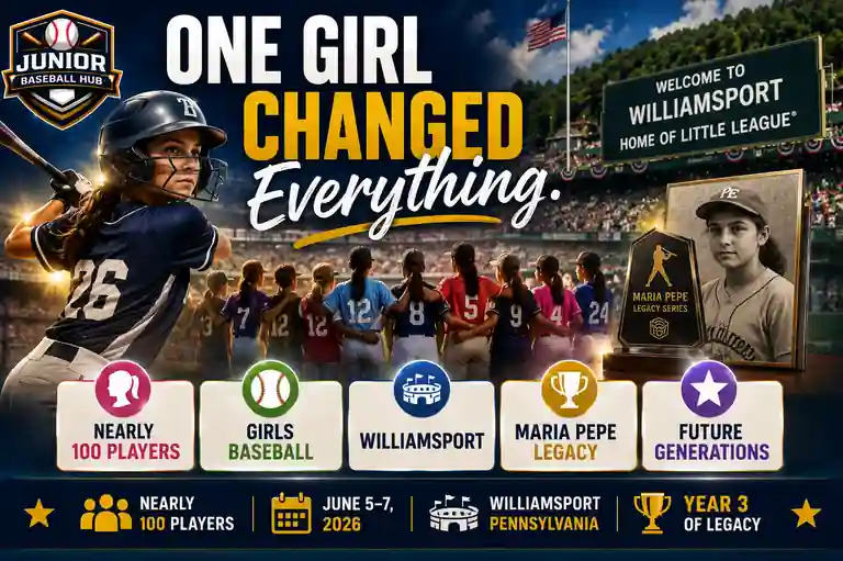 One Girl Changed Everything feature image highlighting the Maria Pepe Little League Baseball Legacy Series 2026 with nearly 100 girls participating in Williamsport