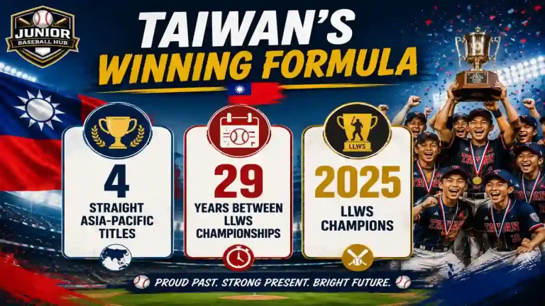 Taiwan baseball success statistics showing four straight Asia-Pacific titles, 29 years between LLWS championships, and the 2025 LLWS title.