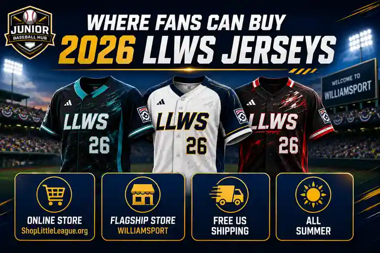 Where fans can buy 2026 LLWS jerseys featuring online store, Williamsport flagship store, free US shipping and summer availability