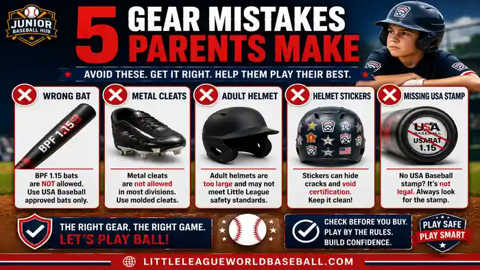 Little League Baseball Gear Guide 2026 infographic highlighting five common gear buying mistakes, including the wrong bat, metal cleats, adult helmet, helmet stickers, and missing USA Bat certification. 
