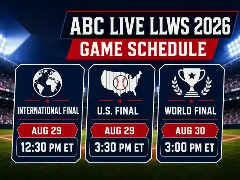 ABC Live LLWS 2026 game schedule showing the International Final, U.S. Final, and World Final dates and times