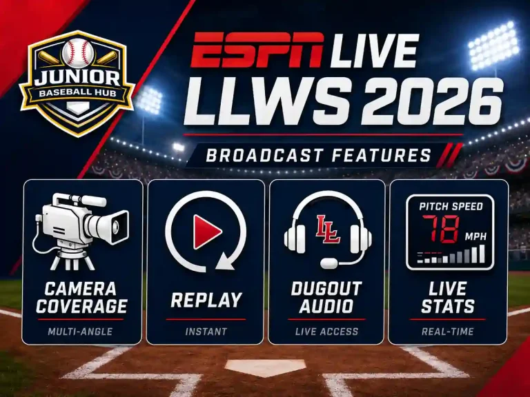 ESPN Live Little League World Series 2026: How to Watch Every Game 4 ESPN Live LLWS 2026 broadcast features graphic showing camera coverage, replay, dugout audio and live stats.