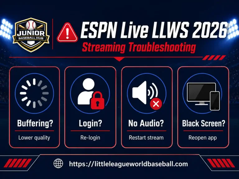 ESPN Live Little League World Series 2026: How to Watch Every Game 3 ESPN Live LLWS 2026 streaming troubleshooting guide showing buffering, login, no audio and black screen fixes