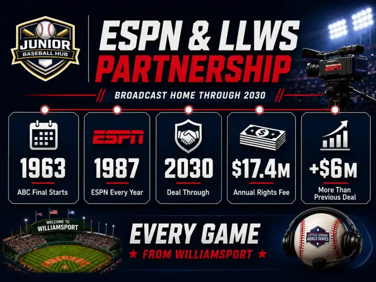 ESPN Live Little League World Series 2026: How to Watch Every Game 2 ESPN and LLWS partnership graphic showing broadcast timeline, 2030 deal, annual rights fee