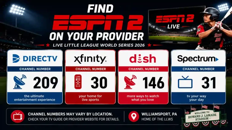 ESPN2 LLWS 2026 TV channel guide showing DIRECTV, Xfinity, Dish, and Spectrum channel numbers