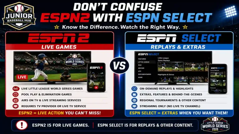 Comparison infographic explaining the difference between ESPN2 and ESPN Select for the 2026 Little League World Series, highlighting live game coverage versus replays and on-demand content